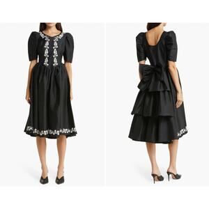 Batsheva Jolie Embroidered Dress‎ in Black With White Embroidery